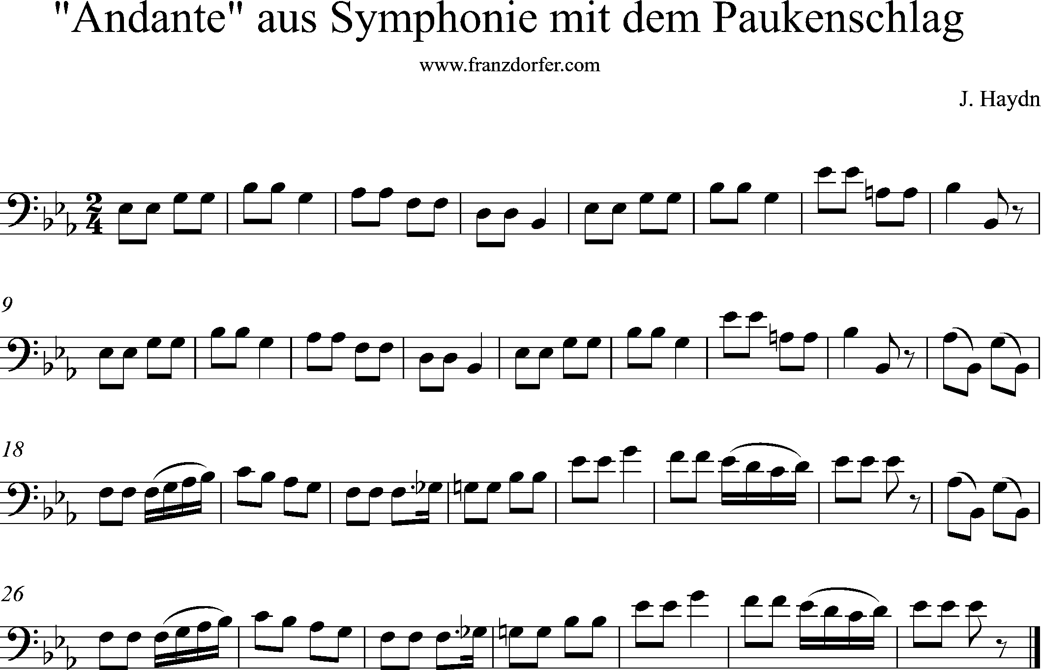 Noten, Bassschlüssel, Eb-Dur, Andante, Paukenschlag